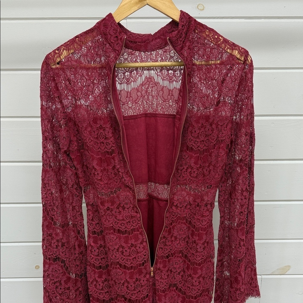 Lulus Bewitching Babe Wine Lace Bell Sleeve Dress Small - Picture 7 of 11